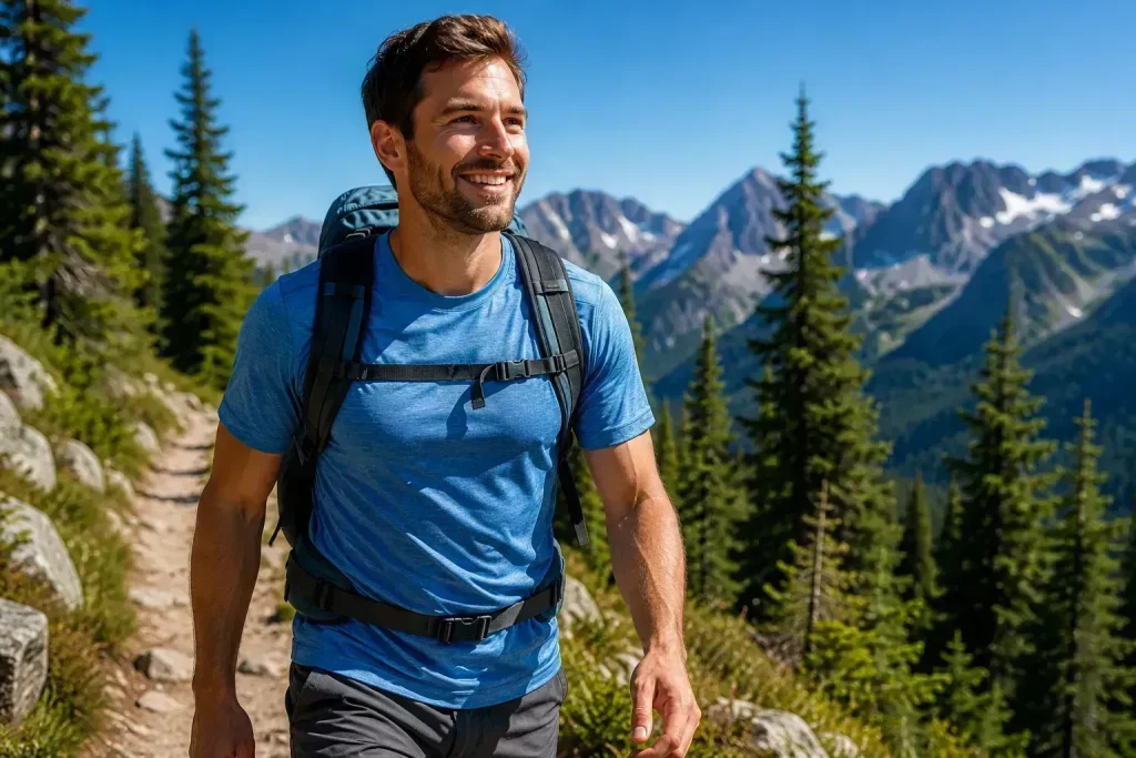 a lightweight blue polyester hiking shirt and daypack walking along