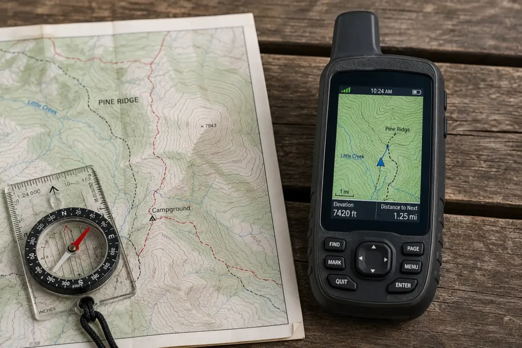a traditional paper topographic map and compass on a wooden picnic table