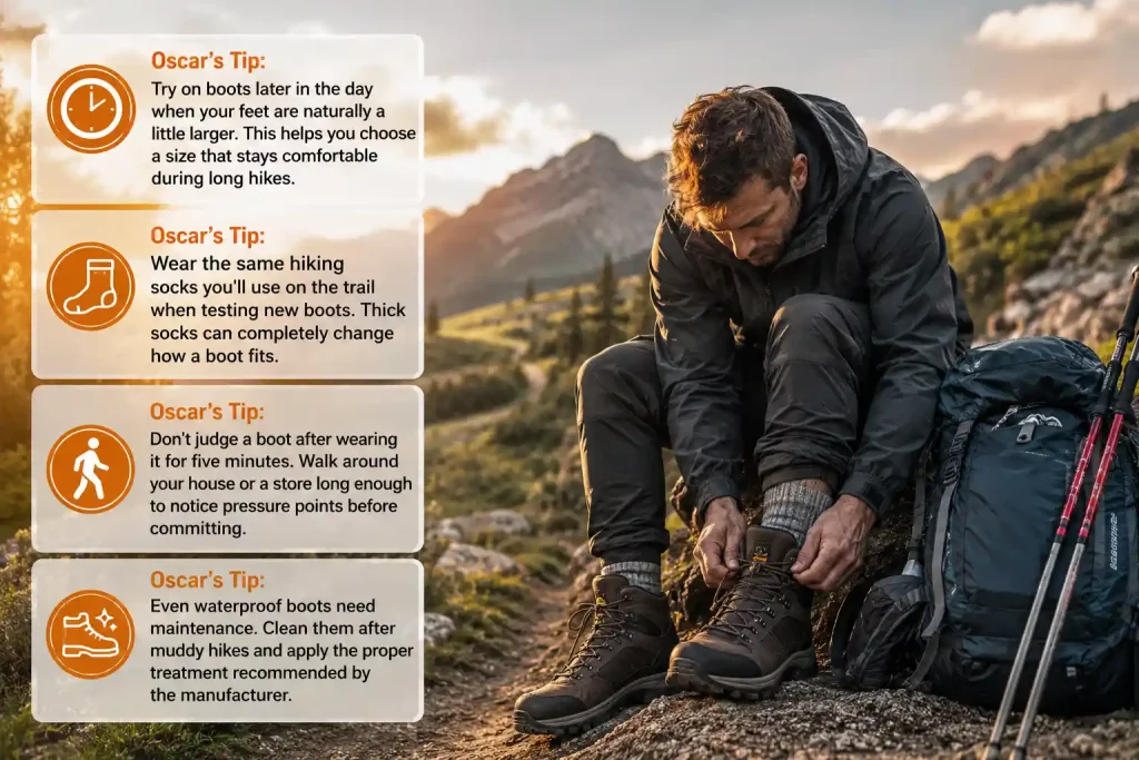 backpack and trekking poles during golden-hour lighting.Oscar's Tip
