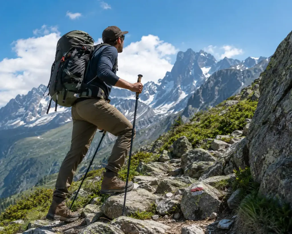 backpacker wearing modern hiking boots while climbing a rocky mountain trail with trekking poles