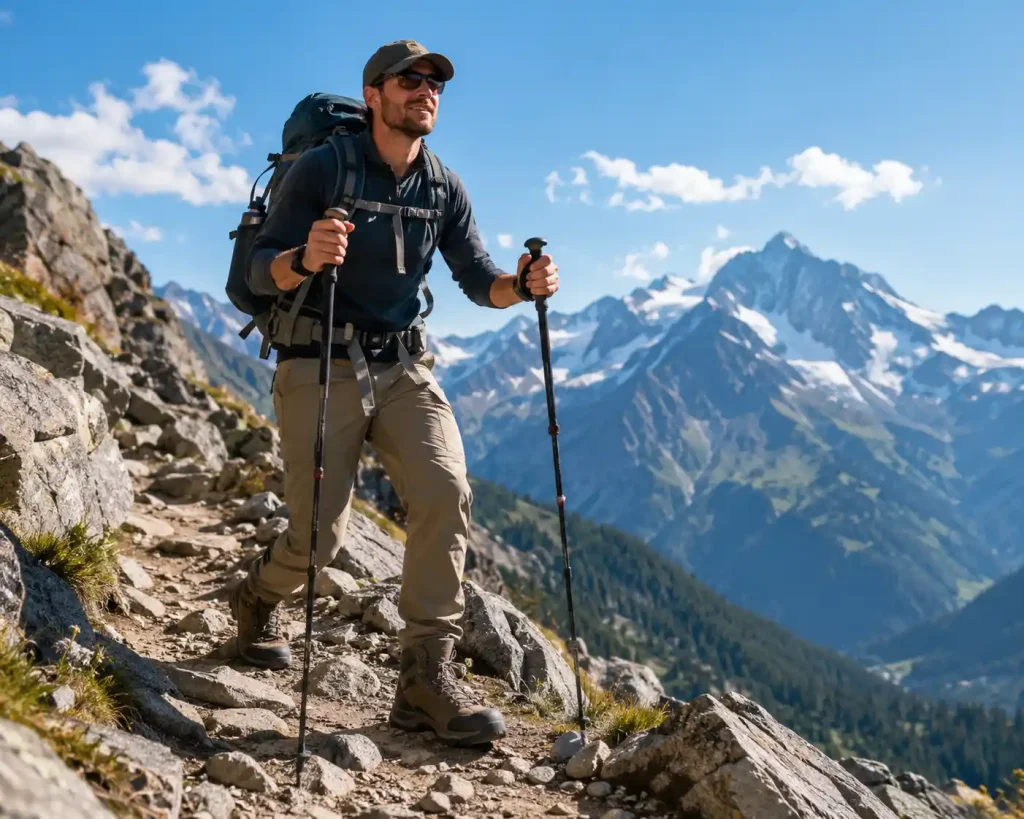 backpacker wearing modern waterproof hiking boots while climbing a rocky mountain trail with trekking poles on a sunny mountain trail.