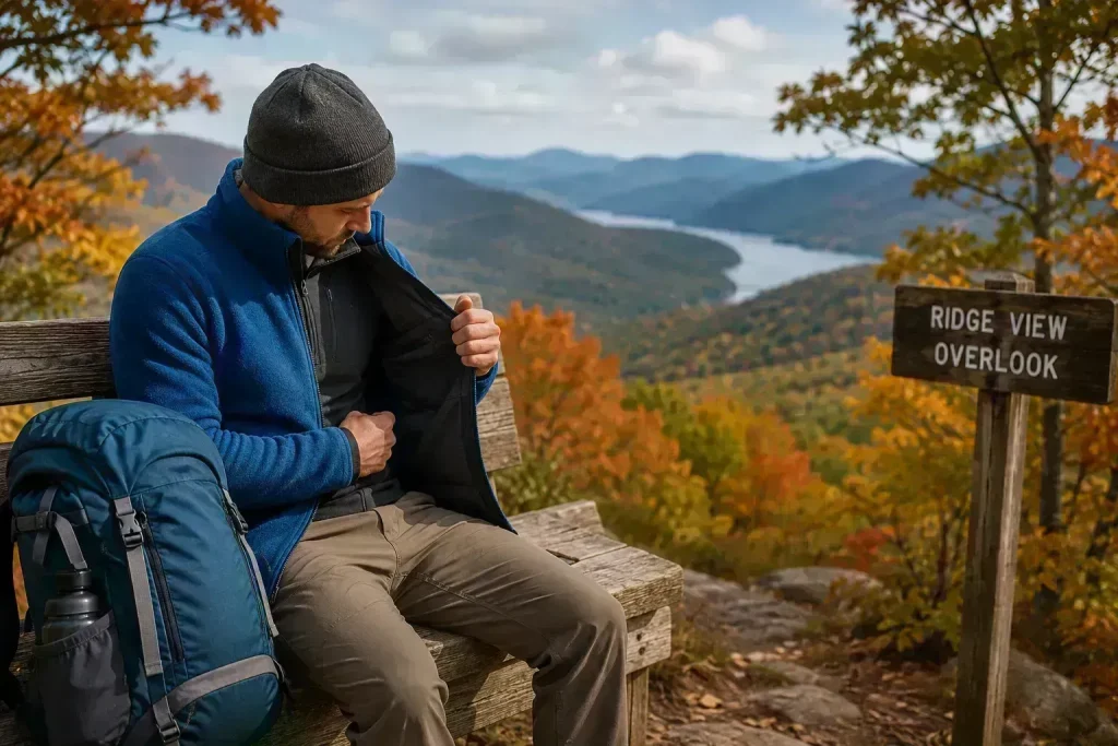 checking their fleece jacket layers on an autumn day