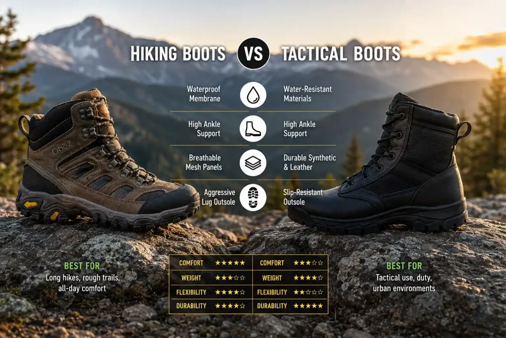 comparison of modern waterproof hiking boots and black tactical boots