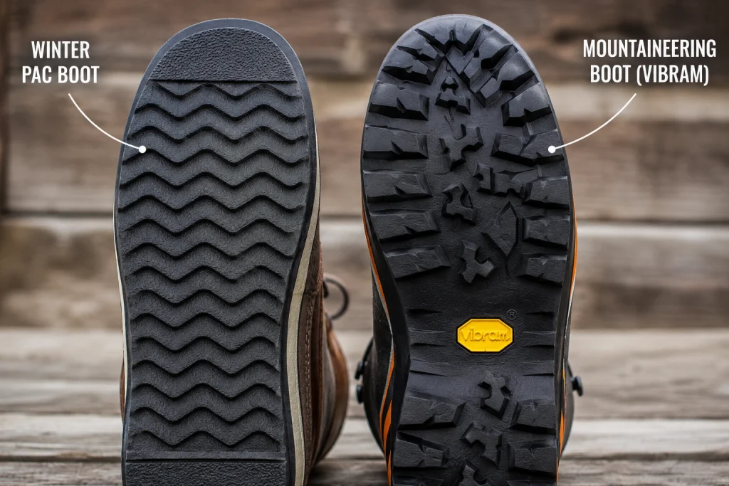 comparison of the flat, wavy rubber tread of a winter pac