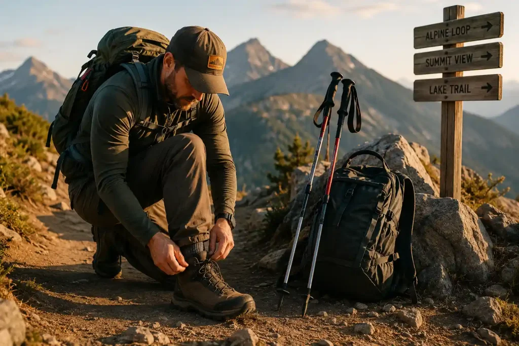 hiker adjusting hiking boots beside a mountain trail with trekking poles