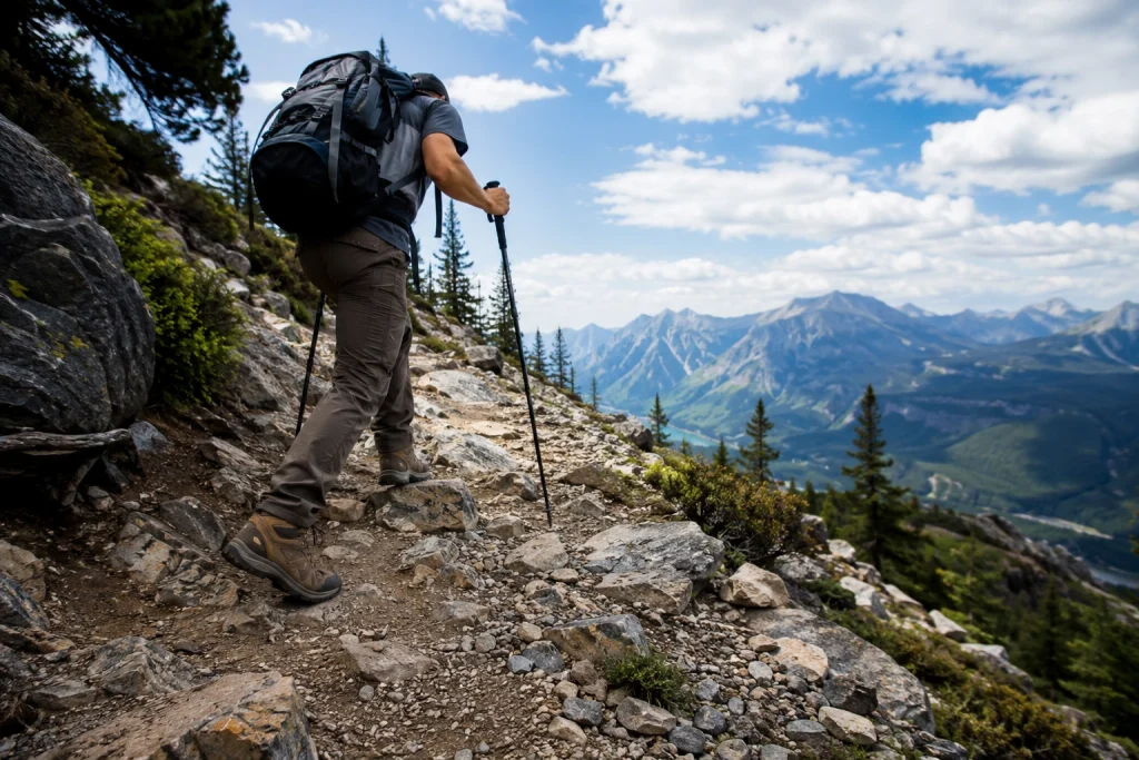 hiker carefully navigating a rocky, uneven trail with a slight incline