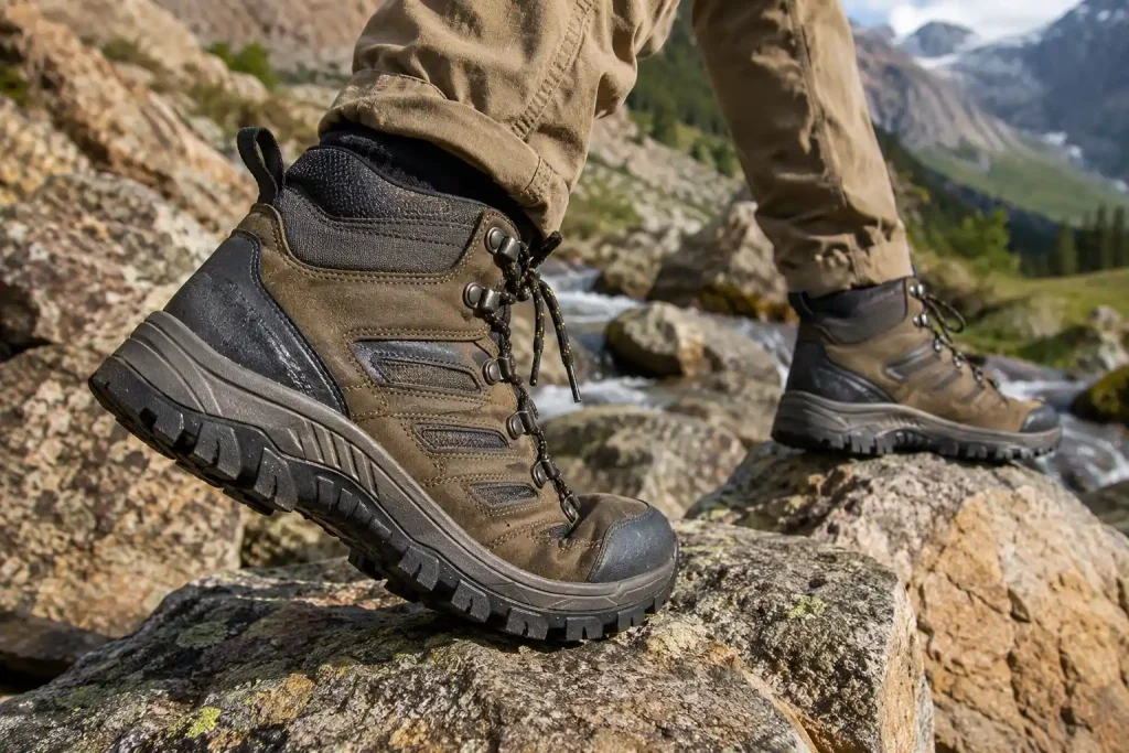hiker crossing uneven rocky terrain while wearing supportive hiking boots