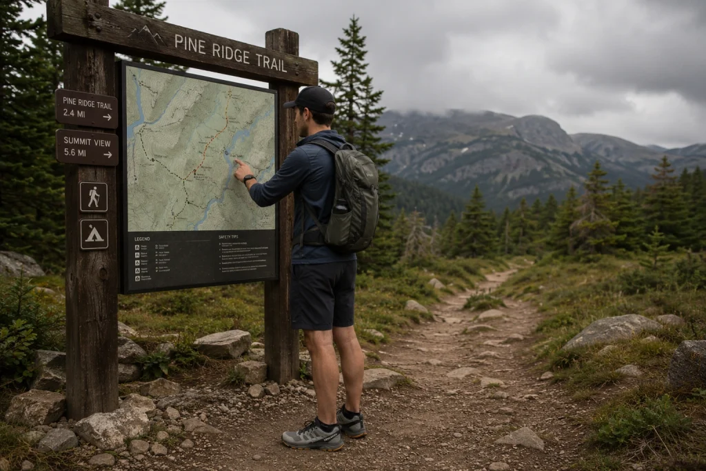 hiker looking at a trail map at a wooden trailhead signpost