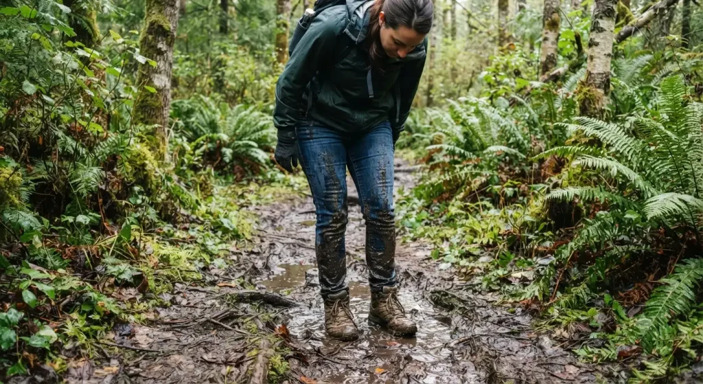 hiker looking down at the bottom of their blue jeans