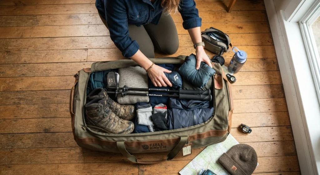 hiker packing a large travel duffel bag on a wooden floor
