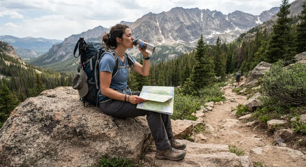 hiker resting on a large boulder next to a mountain trail