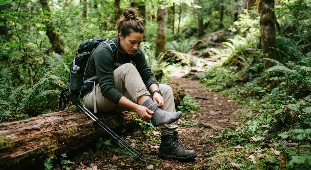 hiker sitting on a fallen log beside a forest trail, examining their ankle and foot
