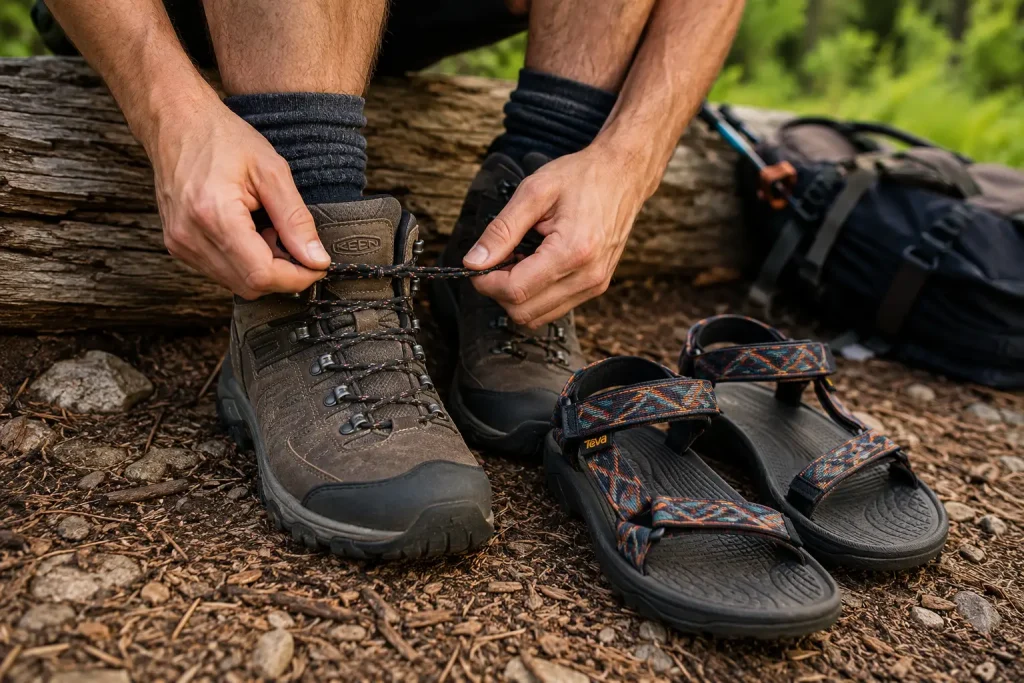 hiker sitting on a log, tying the laces of a sturdy hiking boot