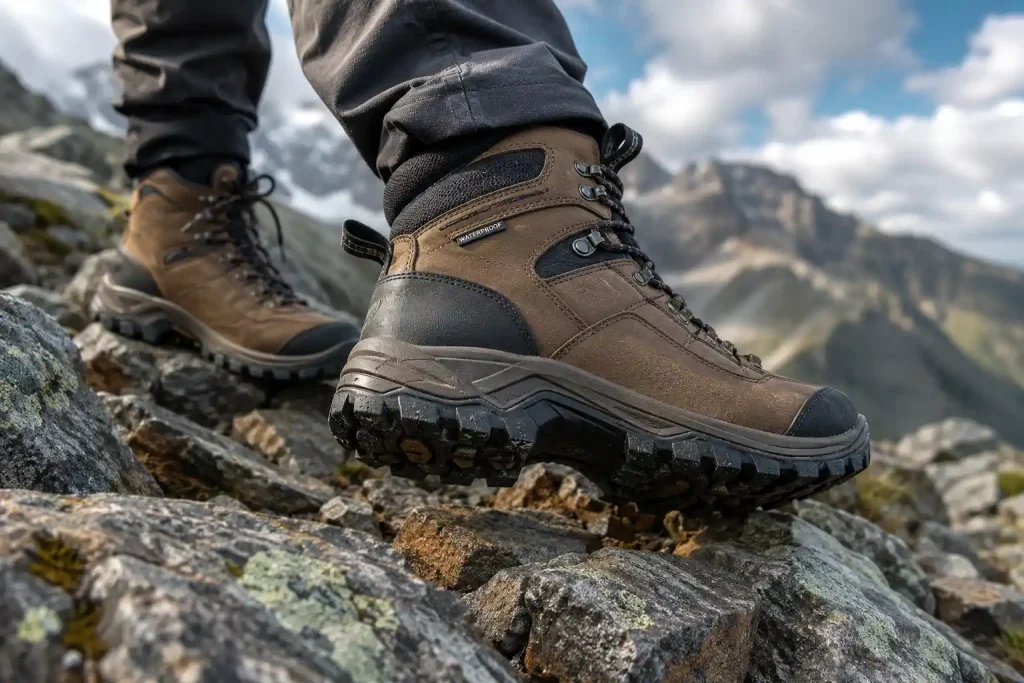 hiker stepping across rocky mountain terrain while wearing supportive hiking boots