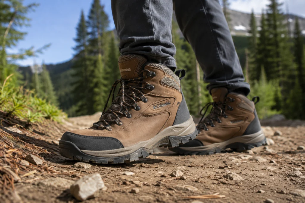 hiker wearing Columbia Newton Ridge hiking boots standing on a dirt trail surrounded by green pine trees