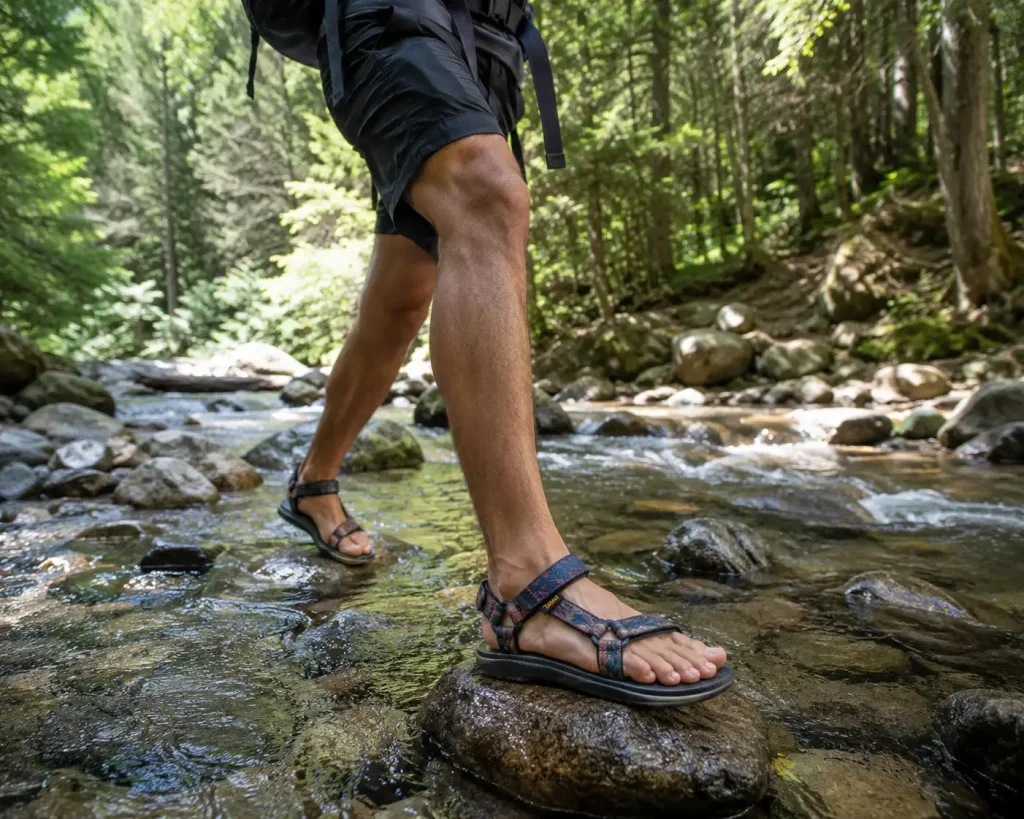 hiker wearing Teva sandals carefully crossing a shallow, clear rocky stream in a forest setting
