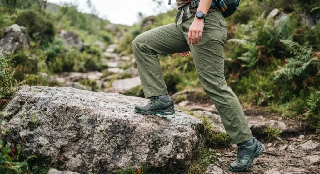 hiker wearing lightweight, olive green synthetic hiking pants.