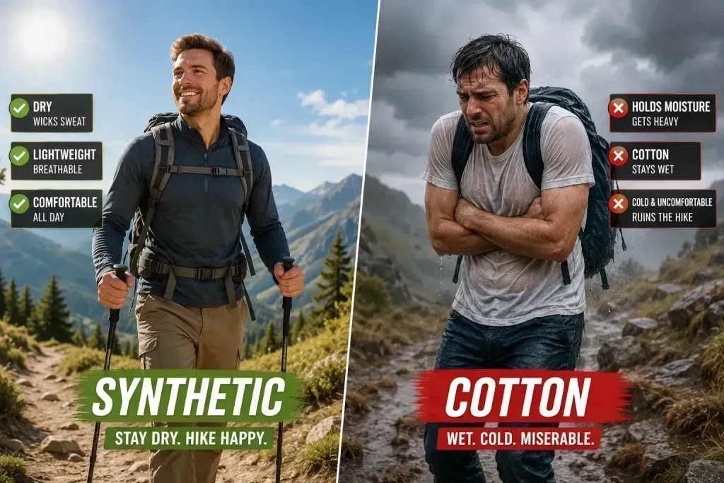 hiker wearing synthetic layers on a sunny trail on the left
