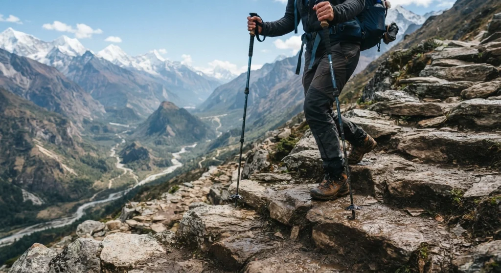 hiker's boots walking up steep stone steps on a high altitude trail