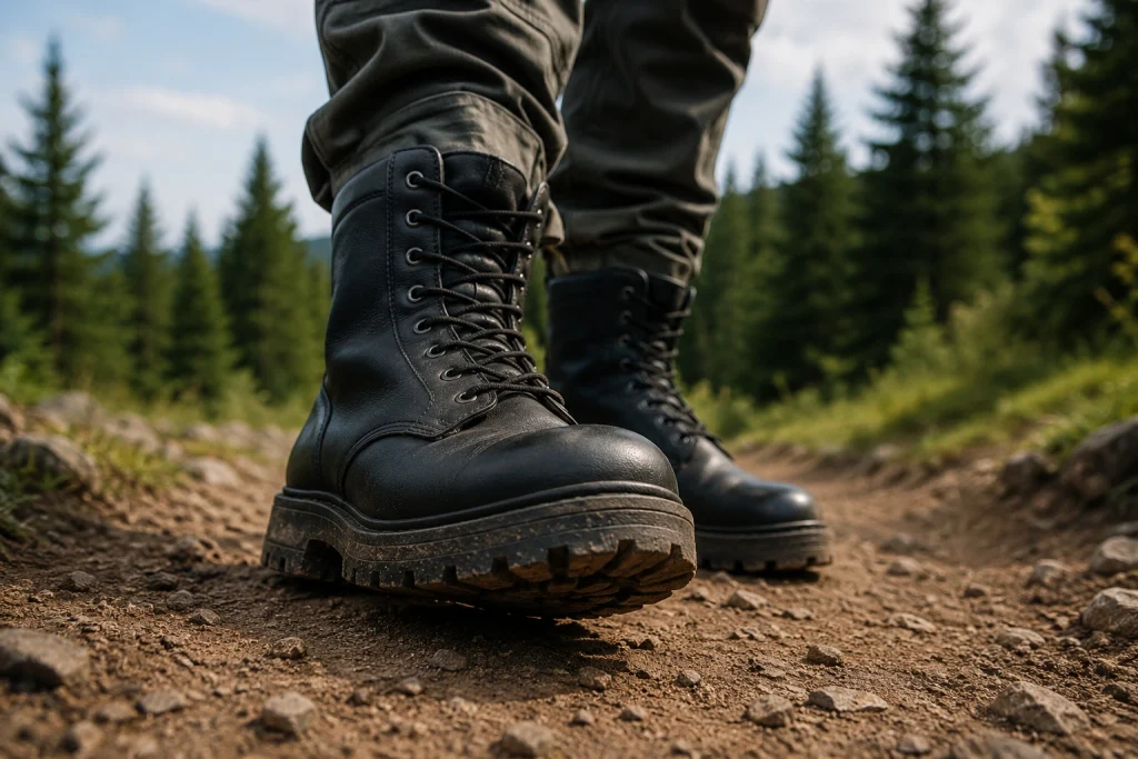 hiker's feet wearing heavily laced black leather combat boots on a dusty dirt trail