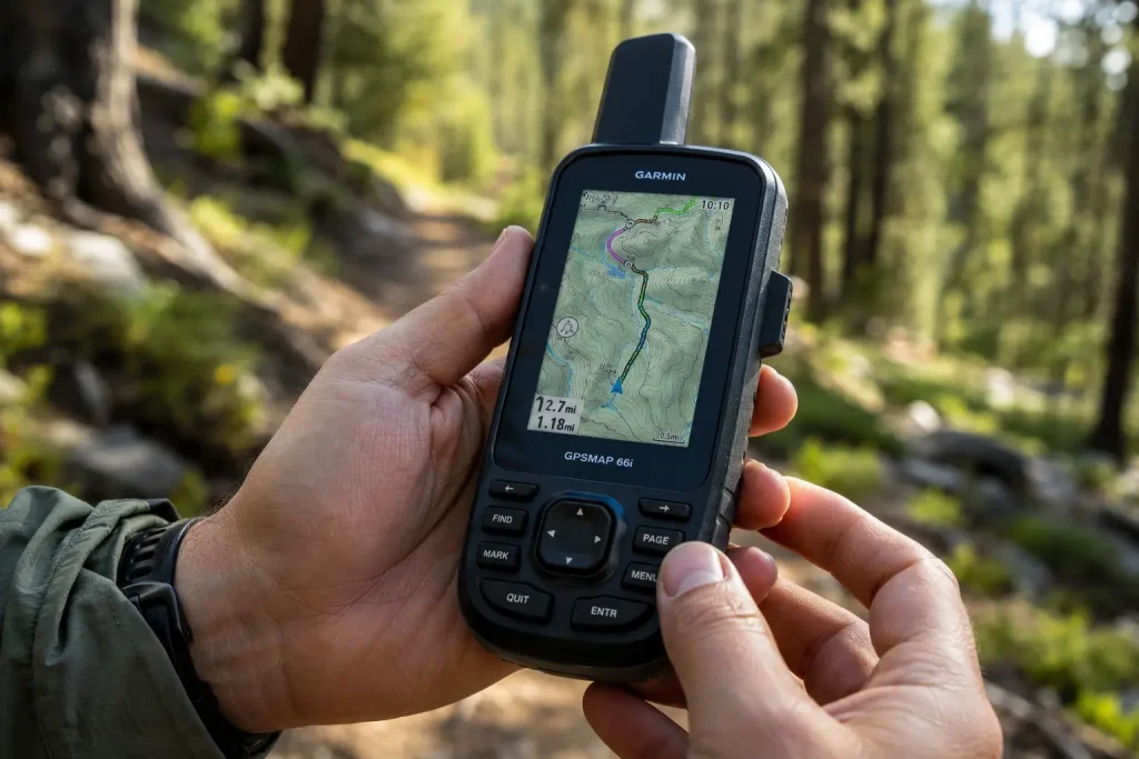 hiker's hands holding a rugged, handheld GPS device