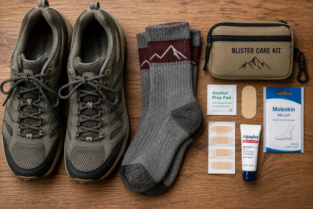 hiking essentials on a wooden table, including lightweight hiking shoes