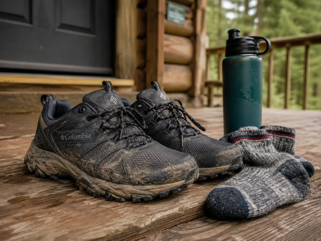 hiking shoes sitting on a wooden porch step next to thick wool hiking socks