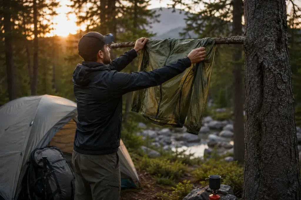 lightweight nylon wind jacket on a tree branch at a backcountry campsite