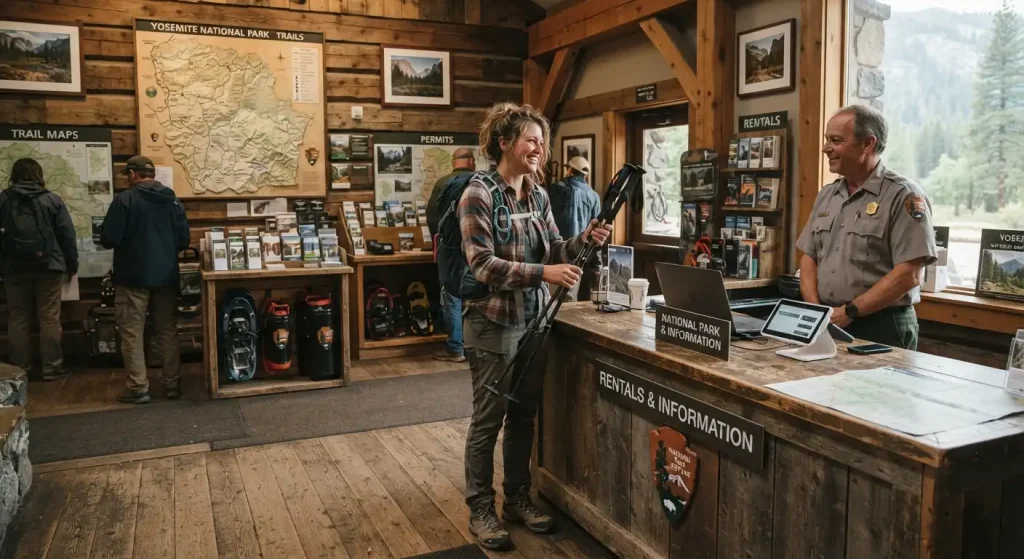 outdoor gear rental desk inside a rustic National Park visitor center
