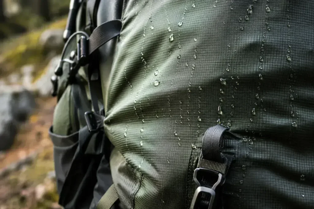 outdoor hiking backpack with water droplets sliding off the surfac