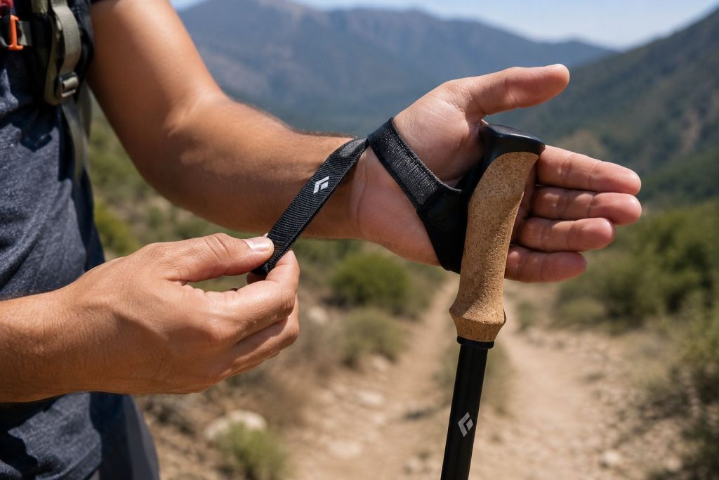 proper wrist strap technique on a cork-grip trekking pole
