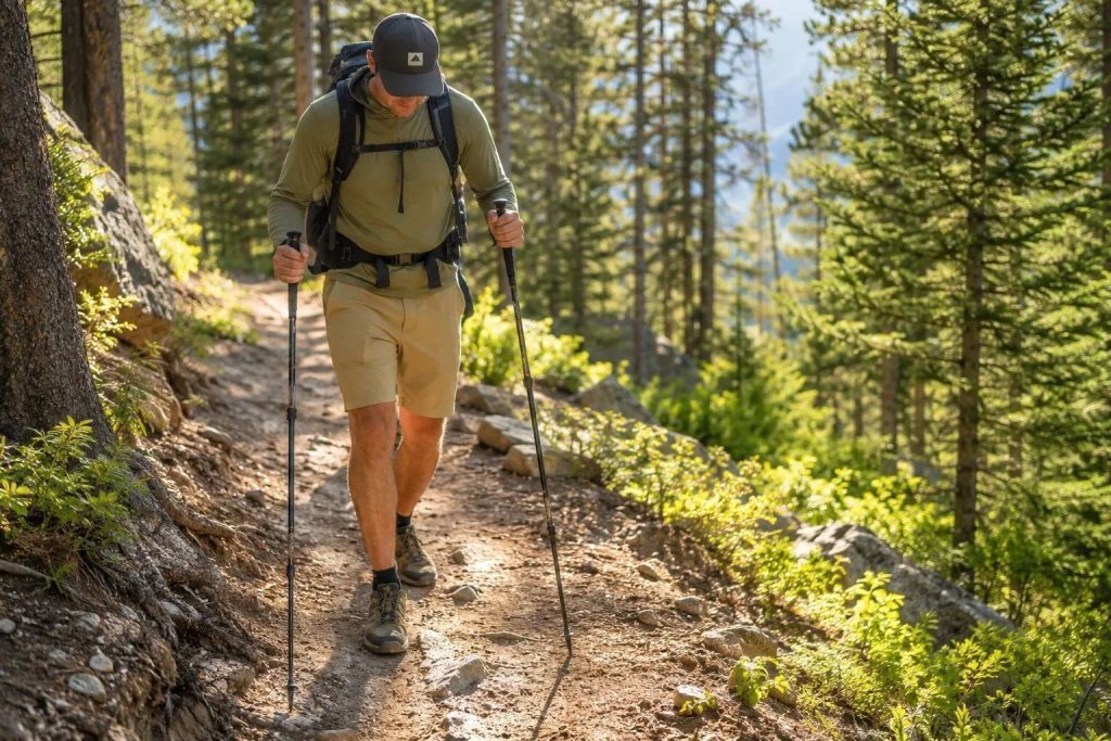 sunlit forest trail using two lengthen trekking poles