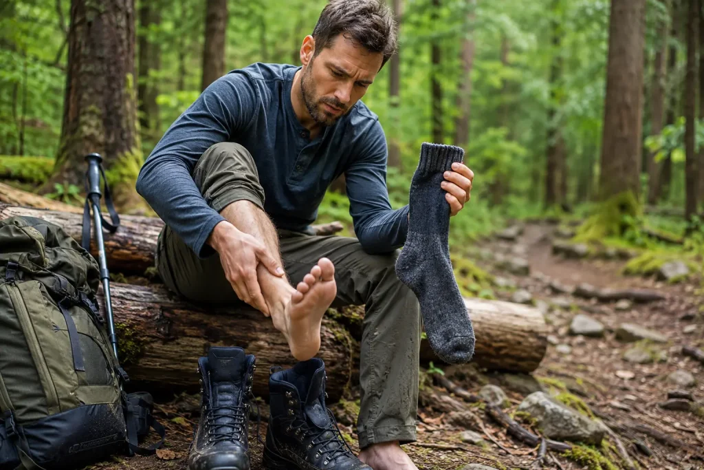 taking off a black combat boot to check their foot