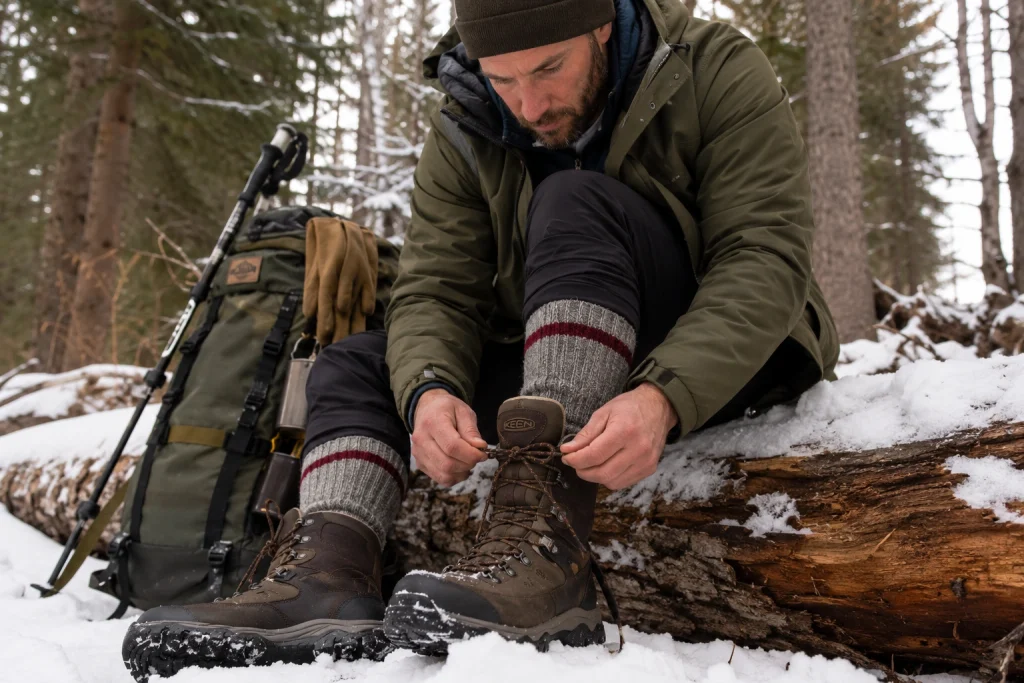 tying the laces of a rugged, insulated winter hiking boot.