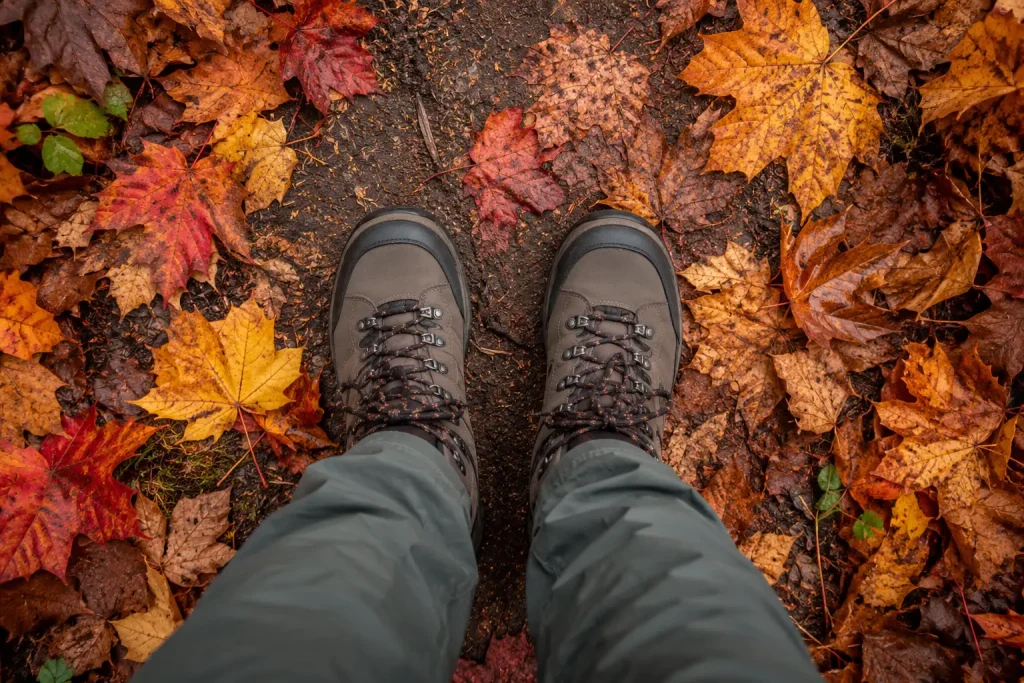 view of a hiker's feet in durable hiking boots