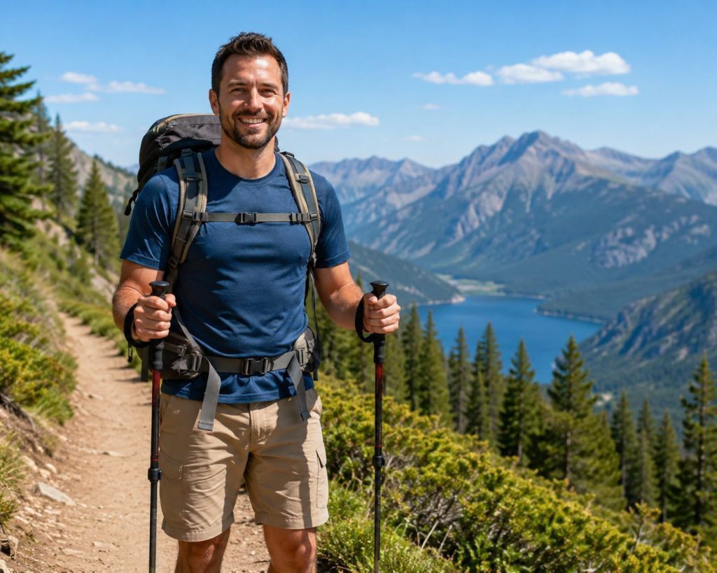 wearing a backpack and holding two trekking poles