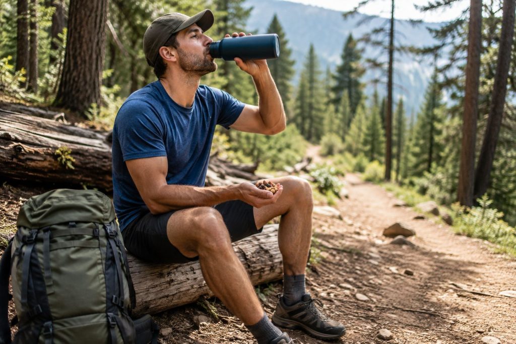 A hiker sitting on a log beside a trail, taking a break