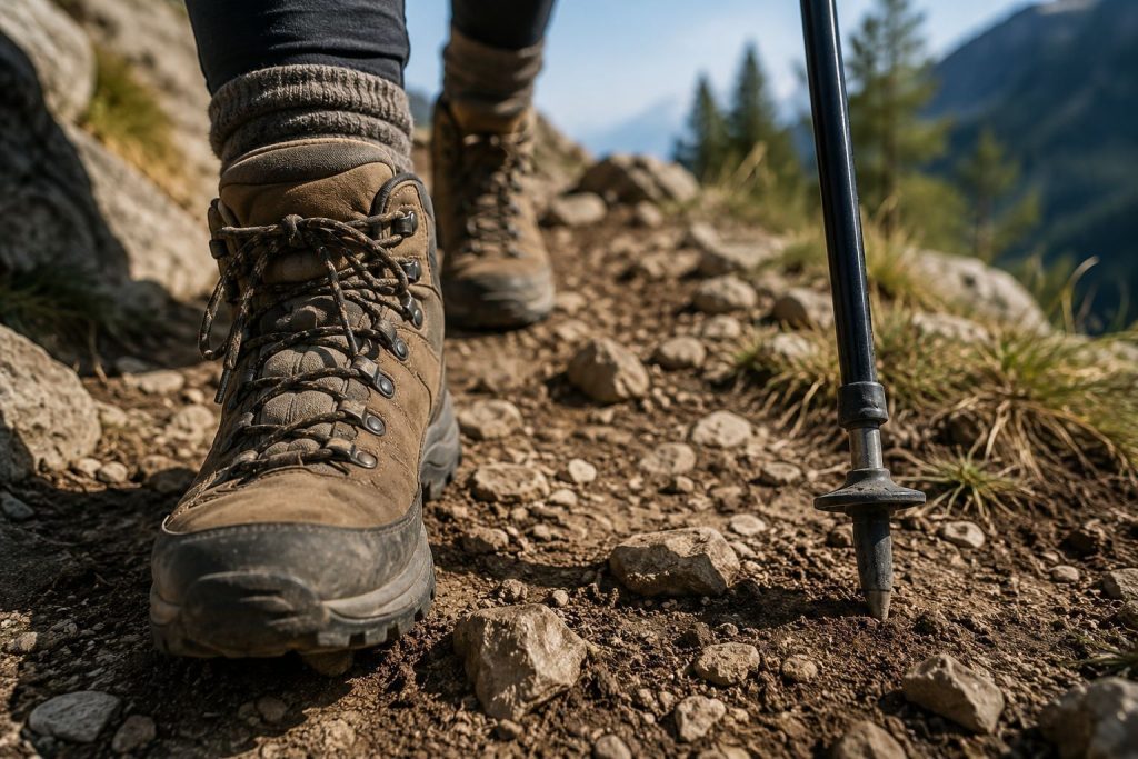 a hiker's hiking boots on a rocky, uneven trail