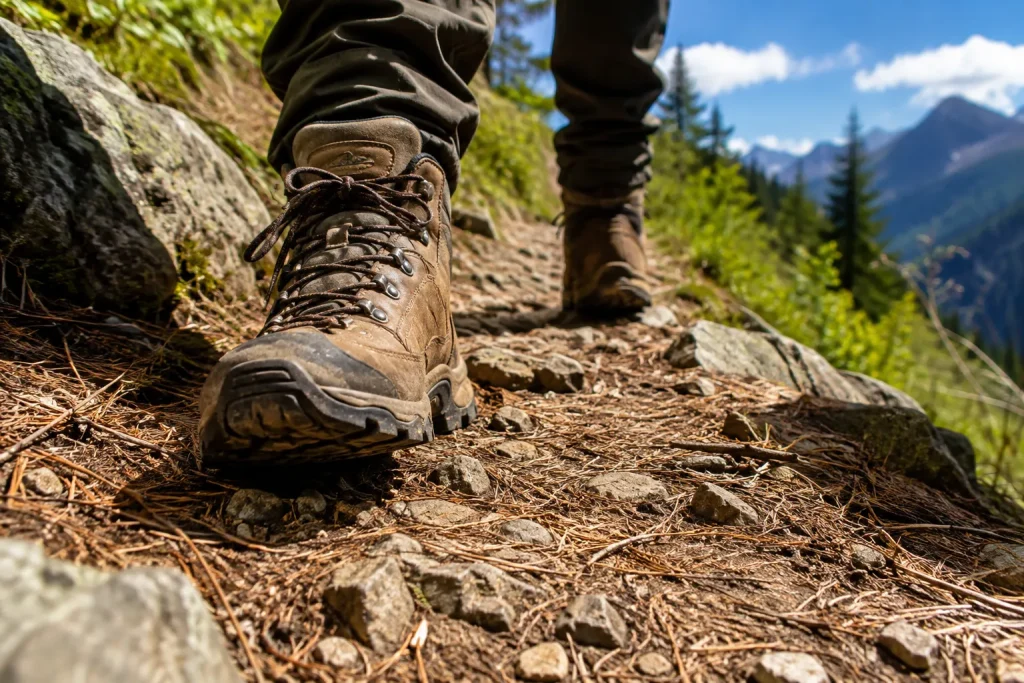 brown hiking boots walking on a rocky