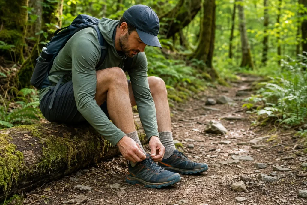 carefully adjusting the laces on a breathable low cut trail running shoe.