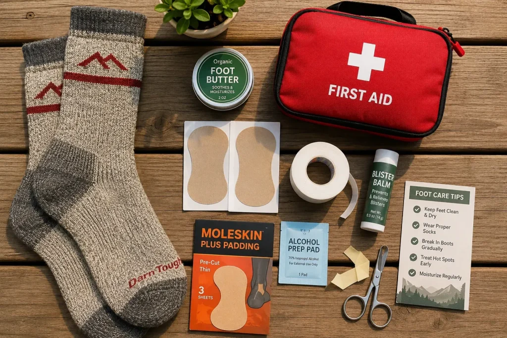 essentials on a wooden picnic table,