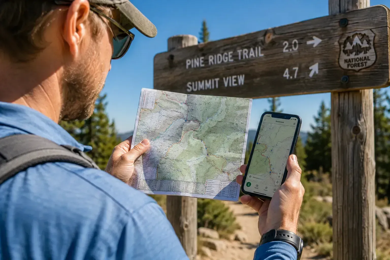 hiker looking at a paper trail map and a smartphone screen