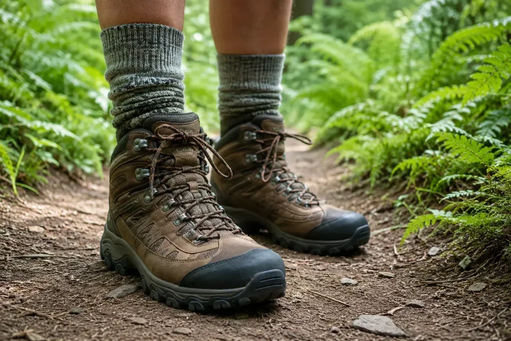 hiker's boots and thick hiking socks standing on a dirt trail surrounded by green ferns