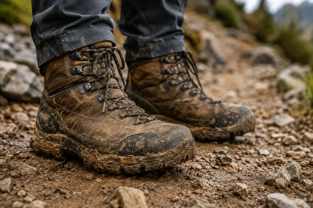 hiker's boots standing on a muddy, rocky trail.