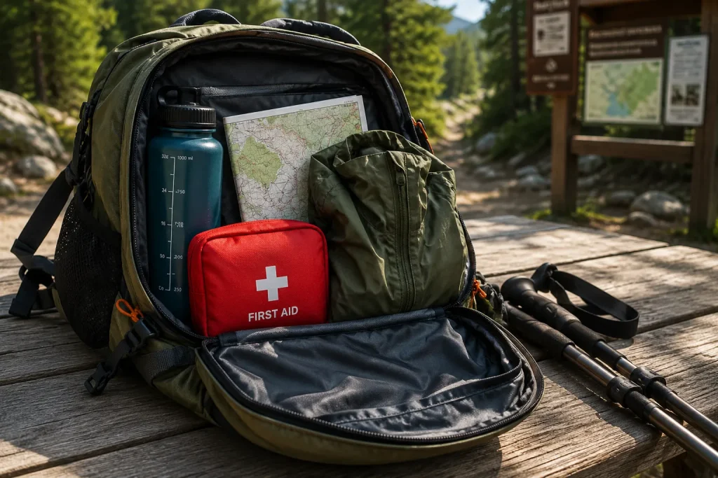 hiker's open backpack on a wooden picnic table