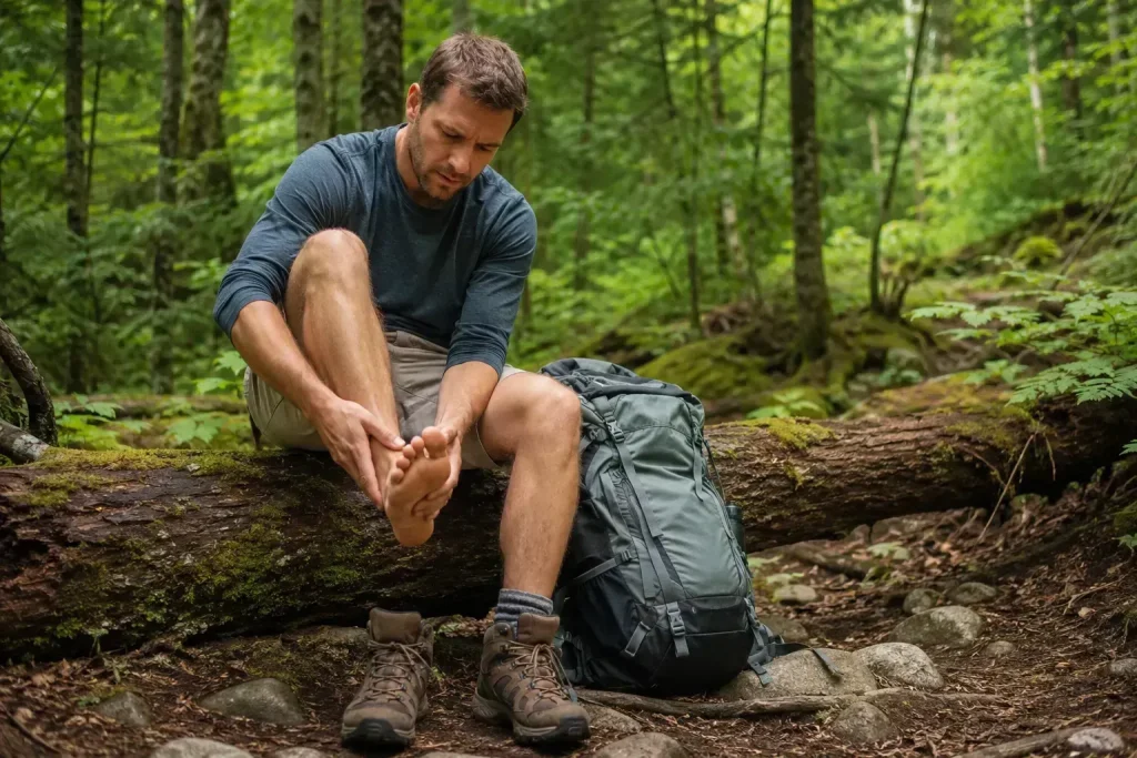 hiking boot to examine their foot