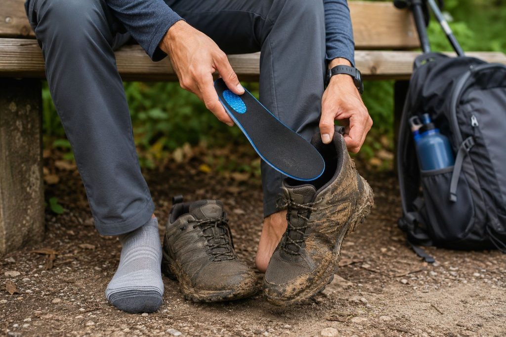 hiking shoe and holding a clean