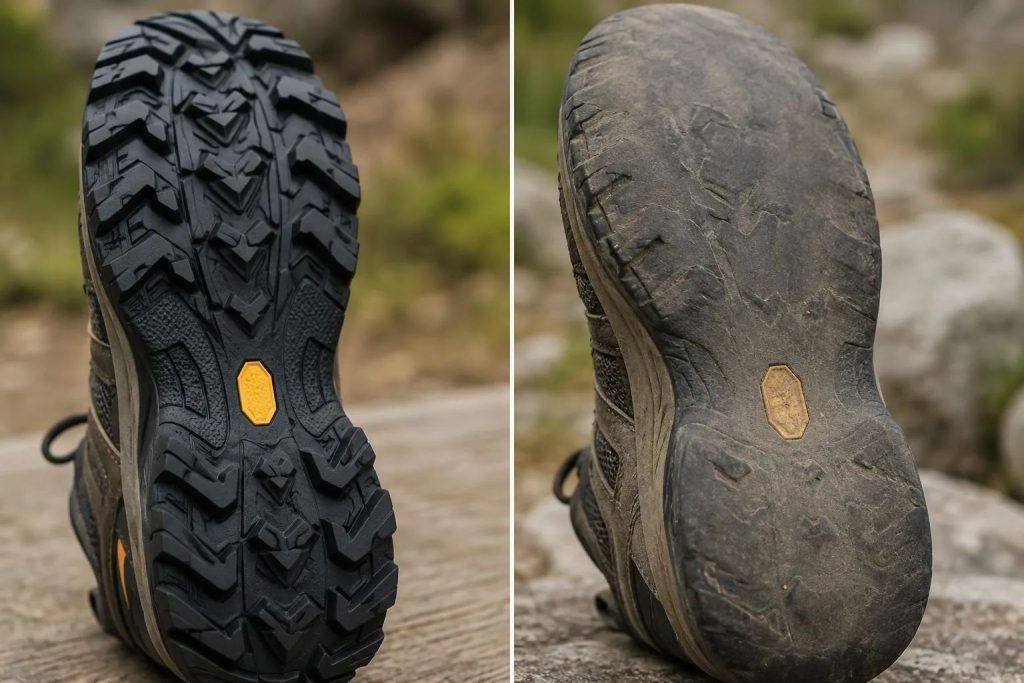 hiking shoe with deep rubber lugs on the left