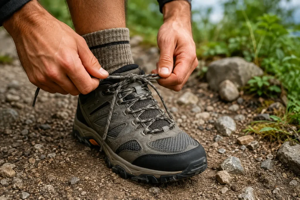 modern hiking shoe on a dirt trail.