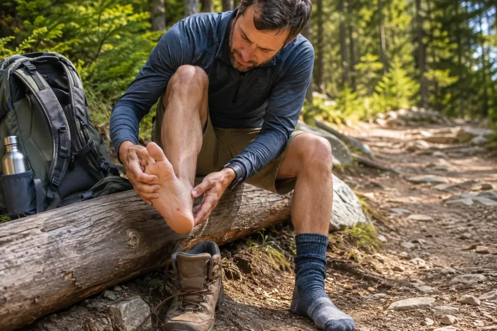 taking off one hiking boot to inspect their heel